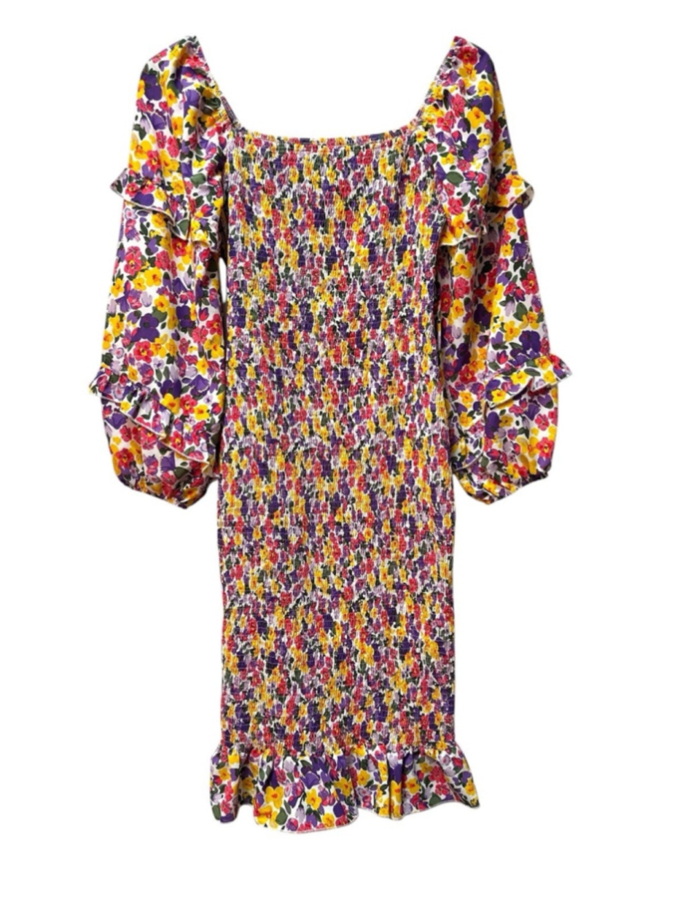 PRETTYGARDEN Smocked Sun Dress Womens L Stretch Knee/Midi Length Balloon Sleeves